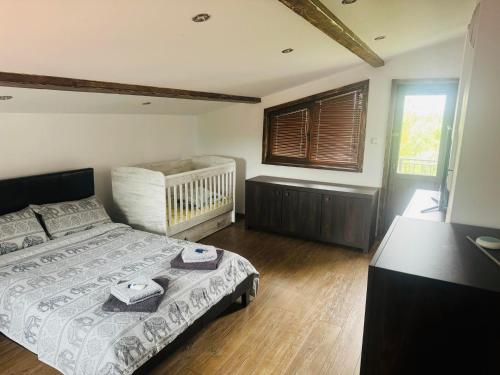 Vasil LevskiVila Teo的一间卧室设有一张床、一个窗口和一张婴儿床