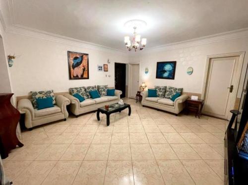 开罗Room for transit near airport的带沙发和桌子的大客厅