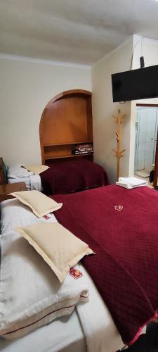 拉巴斯Hotel Don Nelo的卧室配有红色的床,墙上有十字架