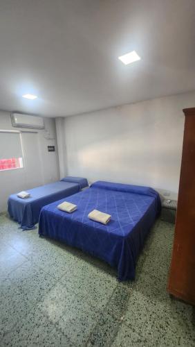 特尔马斯德里奥翁多Habitacion con baño的一间设有两张带蓝色床单的床的房间
