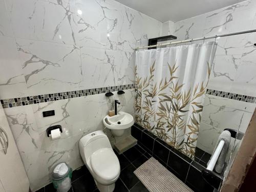 瓜亚基尔Suite amoblada - 4 min Consulado Americano的浴室配有卫生间、盥洗盆和淋浴。