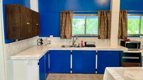 NgermidNgermid Oasis - Vibrant 2 BD/1 BA Duplex的蓝色的厨房,配有水槽和蓝色的橱柜