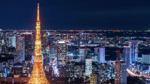东京Henn na Hotel Tokyo Hamamatsucho的享有东京塔的夜景