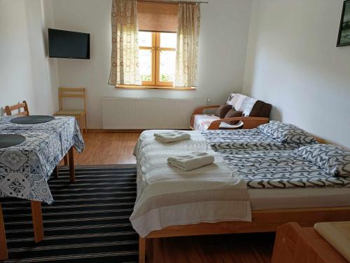 索利纳Noclegi "Koniadów"的一间卧室设有两张床、一张桌子和一个窗口