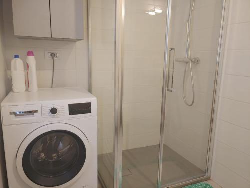 莱万托Attico vista mare的洗衣机以及带淋浴的浴室。