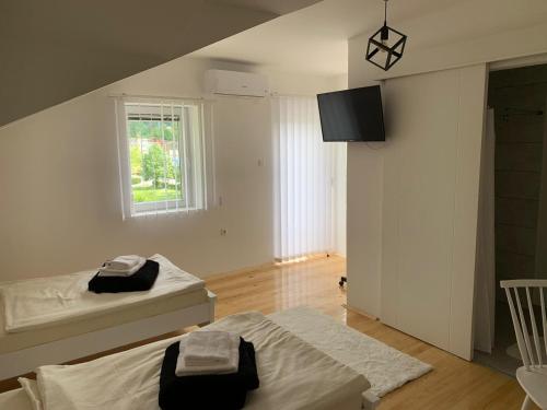亚伊采Sobe Zizi的白色的客房设有两张床和窗户。