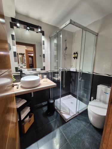 圣塞瓦斯蒂安乔琪纳酒店的带淋浴、盥洗盆和卫生间的浴室