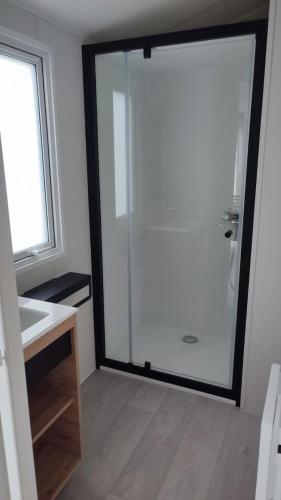 AmbonTiny house camping Ambon的一间带玻璃淋浴间和水槽的浴室