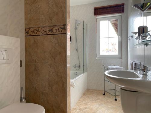 Ludorf奇洛福莱尔希酒店的浴室配有卫生间、盥洗盆和淋浴。