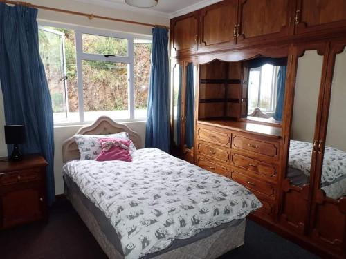 JamestownValley View的一间卧室配有一张床和一个带镜子的梳妆台