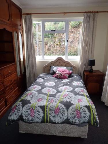 JamestownValley View的卧室内的一张床位,卧室内配有窗户和床罩