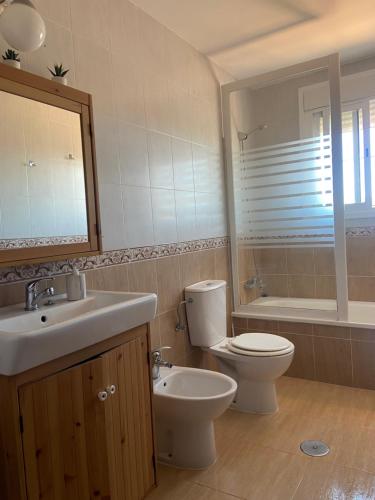 桑卢卡尔-德巴拉梅达Atico en Sanlucar的浴室配有卫生间、盥洗盆和浴缸。