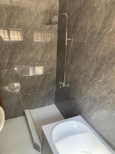 卢萨卡Radiant lodge的带淋浴和白色卫生间的浴室