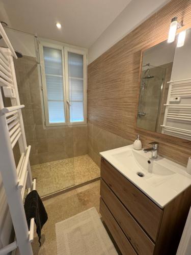 圣马克西姆Maison de village rénovée avec vue mer exceptionnelle的一间带水槽和镜子的浴室