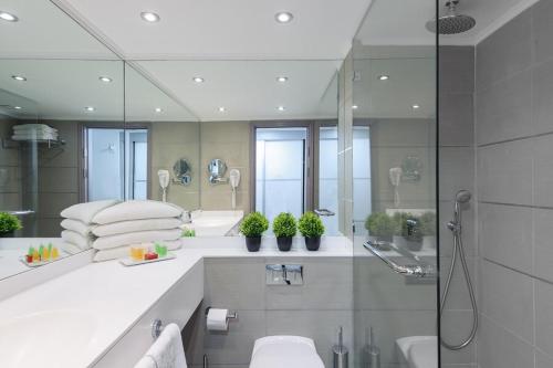 埃拉特莱昂纳多俱乐部埃拉特 - 全包酒店的带淋浴、盥洗盆和镜子的浴室