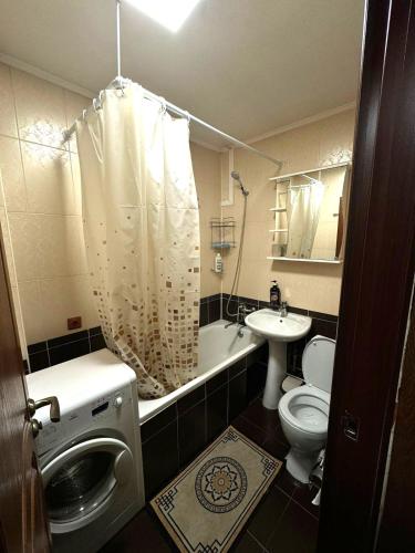 (( Turksib ))Квартиры рядом с Аэропортом города Алматы的浴室配有卫生间、盥洗盆和淋浴。