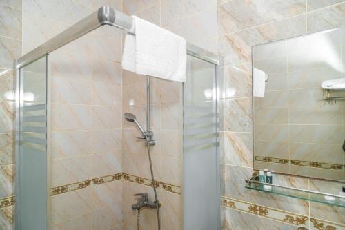 巴库Sahil Ark Hotel Baku的浴室里设有玻璃门淋浴