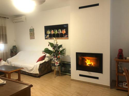 图雷Villa Adelina的客厅设有一张床和一个壁炉