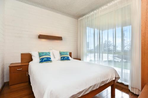 埃利奥特港Dolphins Beachfront Apartment No 4的一间卧室设有一张床和一个大窗户