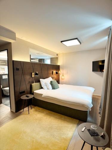 温特图尔Boutique Hotel Sonne Seuzach的一间卧室配有一张大床和镜子