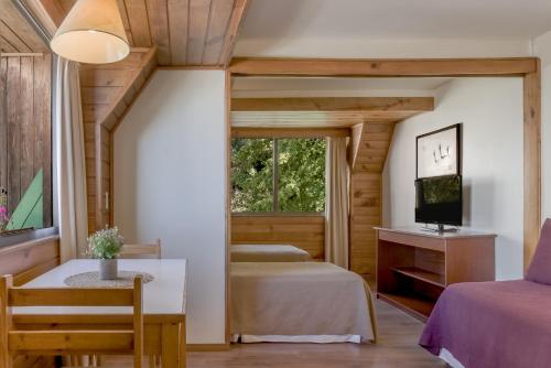 圣卡洛斯-德巴里洛切索芙特巴里洛切酒店的一间卧室设有两张床、一台电视和一扇窗户。