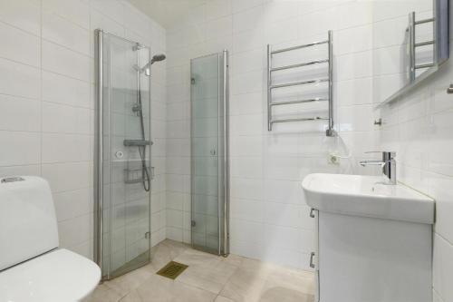 耶夫勒Egen villa i centrala Gävle - Park House 5A的带淋浴、盥洗盆和卫生间的浴室