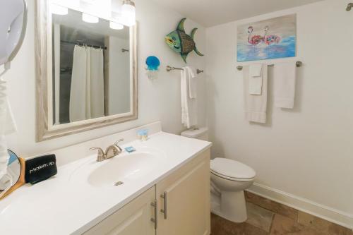 圣奥古斯丁Inn at Camachee Harbor View 24的一间带水槽、卫生间和镜子的浴室