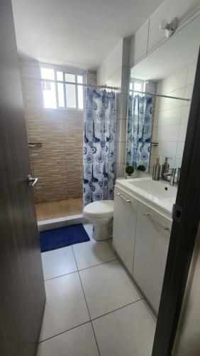 Ciudad RadialQuédate con sulay habitación a 5mint del aeropuerto的浴室配有卫生间、盥洗盆和淋浴。