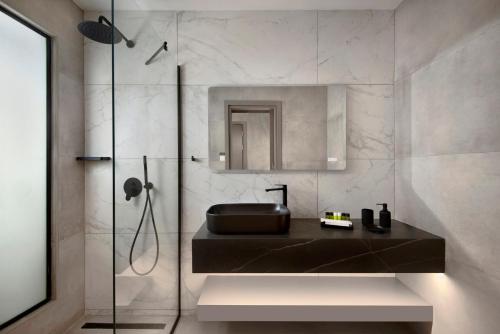 尼科西亚Urban Habitat Executive Suites的一间带水槽和淋浴的浴室