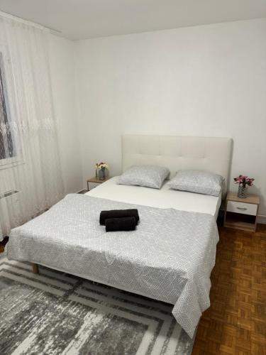 克莱蒙费朗Maison 3 Chambres的卧室配有一张白色的床和黑色枕头