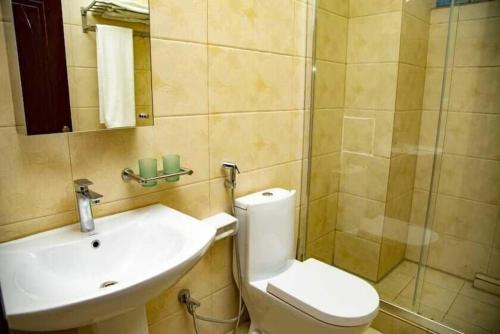 基加利Madras Hotel and Apartments的一间带水槽、卫生间和镜子的浴室