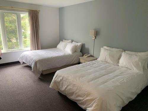 Saint ComeHôtel Saint-Côme的酒店客房设有两张床和窗户。