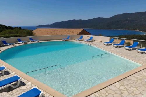 塞拉迪费罗Caseddu T2 N 14, Alba Rossa avec Piscine Chauffée的一个带躺椅的大型游泳池