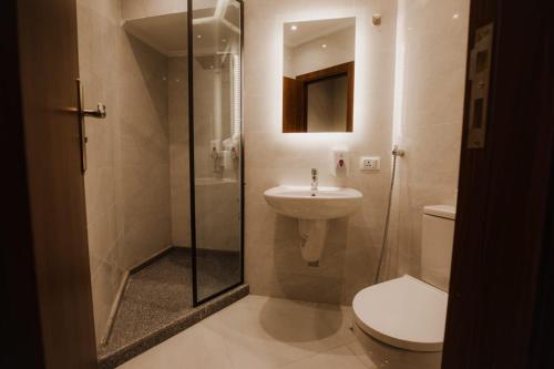 开罗Sama hotel的浴室配有卫生间、盥洗盆和淋浴。
