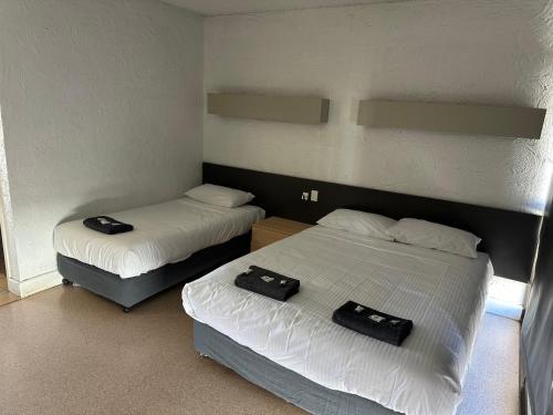伊萨山欧维兰德酒店的两张床铺,房间装有两袋
