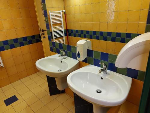 比亚韦斯托克波德拉谢青年旅馆的浴室设有2个水槽和镜子