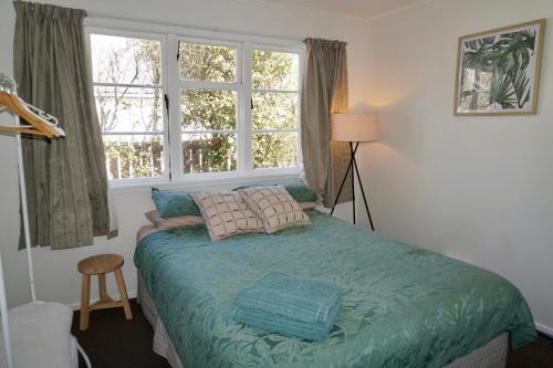 罗托鲁瓦Comfortable Home, Big Backyard的一间卧室设有一张床和两个窗户。