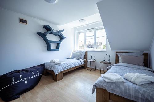 欧罗什哈佐Helyneked的一间卧室设有两张床和窗户。