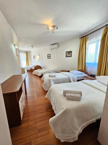 VrgoracHotel Prvan的酒店客房内的一排床位