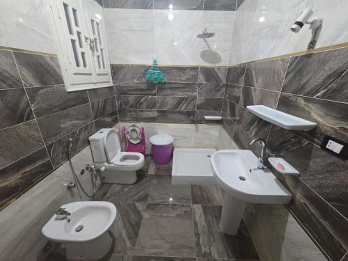Al Mahallah Al Kubrasunwing pyramids view的浴室设有2个水槽、卫生间和镜子。