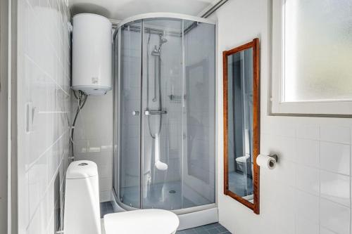 DjurhamnCosy Cottages Close To Water的一间带卫生间的浴室内的玻璃淋浴间