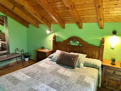 伊斯拉Apartamentos Rurales Las Dos Torres的一间卧室设有一张床和绿色的墙壁