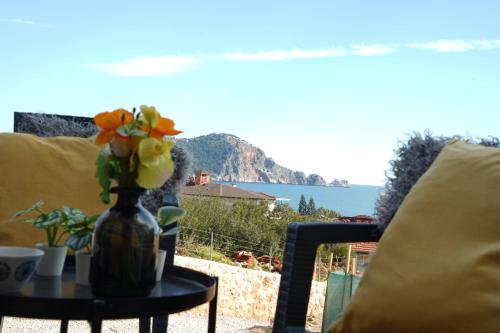 阿拉尼亚Renka Holidays Houses and Caravans的一张桌子上的花瓶,享有美景