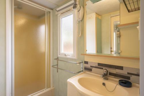 拉特里姆莱德Mobilhome Mh 212的一间带水槽、淋浴和镜子的浴室