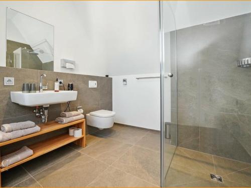 圣马丁Hotel Landlust St. Martin的一间带水槽和淋浴的浴室