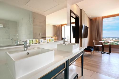 圣克鲁斯Novotel Santa Cruz De La Sierra的一间带两个盥洗盆的浴室和一个大窗户