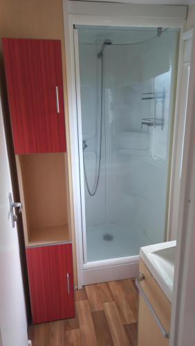 BurinhosaBungalow T3 Renata的一间带淋浴的浴室,配有红色橱柜