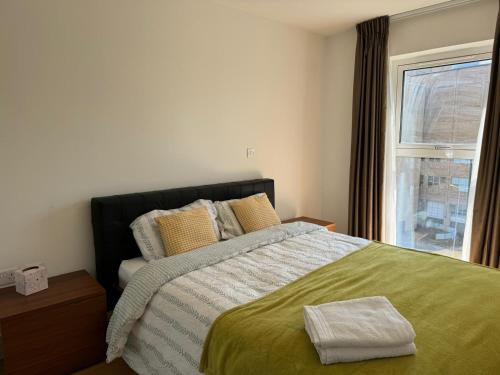 伦敦Entire Kingston Two bedroom Apartment Town centre & River view, 32 minutes to London Waterloo Station的一间卧室配有一张带绿色棉被的床和窗户。