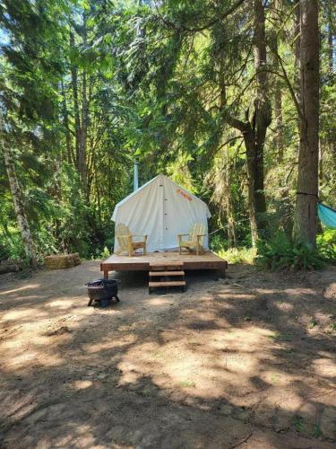 阿灵顿Landing at Lake Ploenta的森林中带长凳和桌子的帐篷