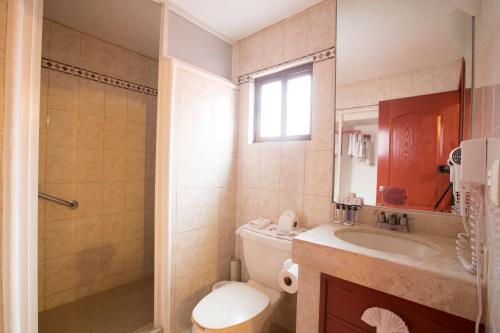 瓜纳华托圣里贾纳酒店的浴室配有卫生间、盥洗盆和淋浴。